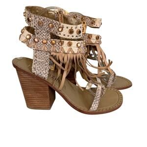 Ivy Kirzhner Sandals 9 Brown Snake Fringe Studded Hildagar Buckle Strappy Ankle